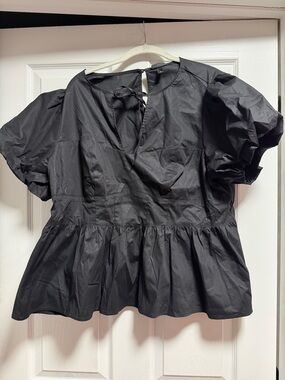 torrid Black Puff Sleeve Peplum Top with Tie Back